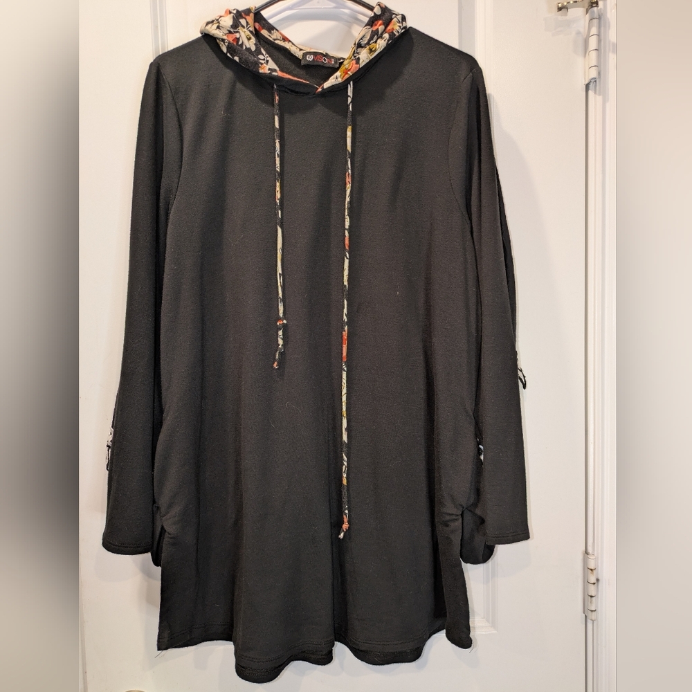 Vision USA Black Cowl Neck Tunic Hoodie Floral Trim Long Sleeve Top Approx L